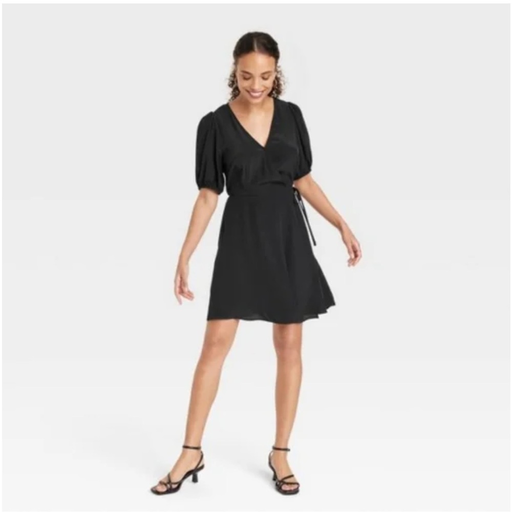 Black A New Day Puff Sleeve Tie Waist Wrap Dress, Size XL